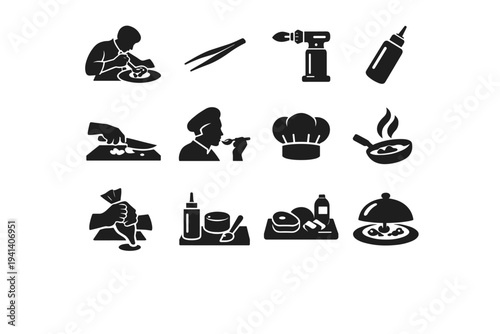 Chef Craftsmanship. Solid icon set of chef craftsmanship: chef plating food, precision tweezers, culinary torch, sauce bottle squeeze, knife skills, tasting