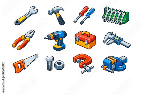 Mechanical Tools. Colorful isometric vector icons set of Mechanical Tools: wrench, hammer, screwdriver, spanner set, pliers, drill machine, toolbox, measuring