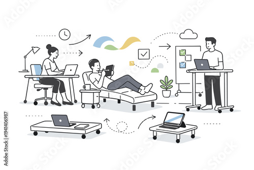 Flexible creative workspace. A modular workspace with movable furniture, laptop and tablet used in different positions, feeling of adaptability and modern