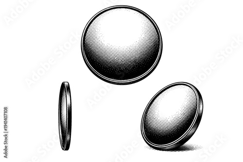 Mirror ? round vintage mirror with narrow metal rim smooth circular form and clean edge depicted as a single object. Black and white dot style with halftone