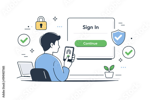 Passkey adoption concept. Person logging in with a smartphone using biometric confirmation, no password fields visible. Calm and modern sign-in experience with