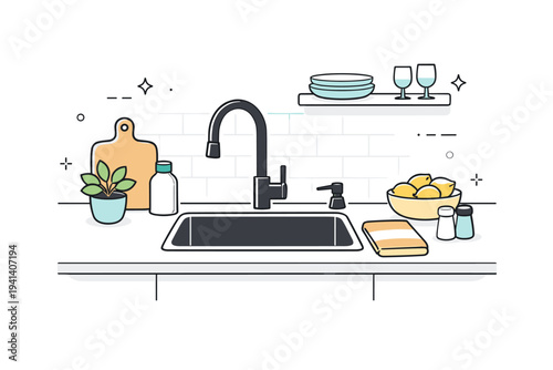 Finished kitchen upgrade. A clean modern sink installed in a tidy kitchen, calm sense of completion and improvement. Light decorative elements emphasize order