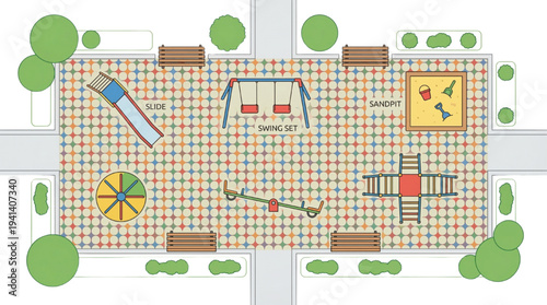 Flat Vector Illustration of Top View Playground Equipment Set: Slide, Swing, Seesaw, and Park Elements for Site Plan Design