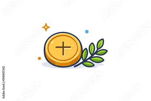 Ancient coinage origin a single round metal coin with a minimal engraved symbol resting beside a small laurel branch, expressing the birth of standardized