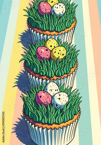 Row of easter cupcakes with green grass frosting and spotted eggs
