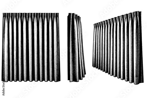 Window curtain pleated A realistic pleated window curtain with evenly spaced folds shown in three views: front view, side fold depth view, and angled