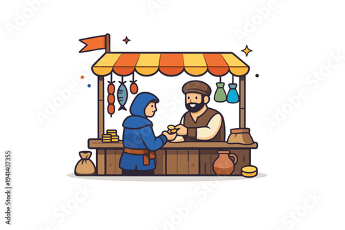 Medieval marketplace economy small market stall with hanging goods and a merchant exchanging coins with a customer, capturing the growth of urban trade and