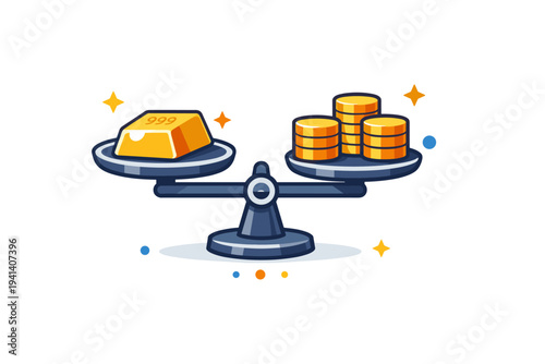 Gold standard concept a gold bar placed on a balanced scale next to stacked coins, symbolizing monetary stability and value backed by precious