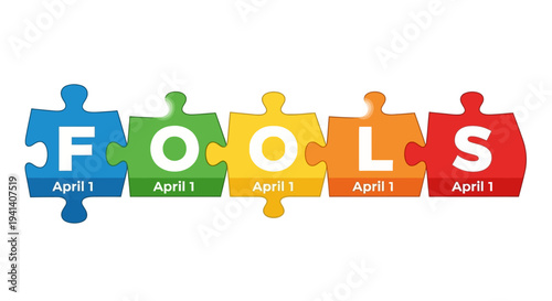 Colorful puzzle pieces spelling 'fools' on white background for april fool's day