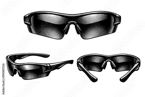 Sport wraparound sunglasses Aerodynamic wraparound sunglasses with curved lenses, integrated nose pads, and contoured temples shown from front, side, and rear