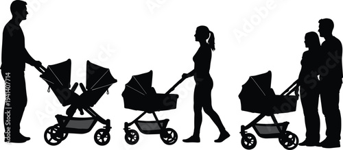 Silhouette illustration of parents with baby strollers, family caregiving, father with twins, mother with child, couple parenting concept