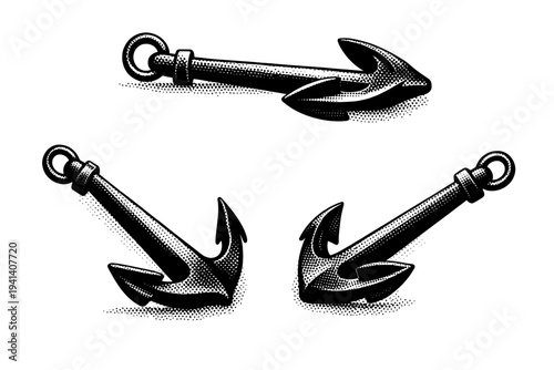 Anchor side profile. A realistic anchor is depicted as a single object shown in three views focusing on side profile silhouette, arm curvature, and overall