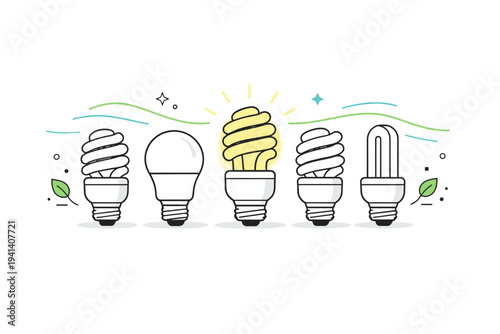 Green technology lighting. A group of energy-saving light bulbs arranged neatly, one glowing to show innovation and progress. Calm optimistic mood with