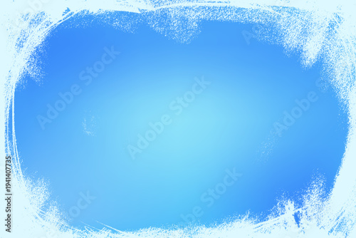 Iced pond grunge texture with gradient glow and worn white snow frame overlay. Soft scratch effect on ice backdrop with grunge border for winter card. Smooth frost vector background in calm blue tone.