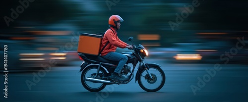 Wallpaper Mural food delivery worker navigating motorcycle through city traffic during twilight hours Torontodigital.ca