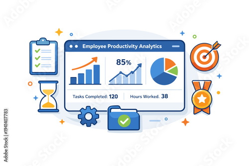 Employee productivity analytics centered on a dashboard screen with rising charts and focused task icons, expressing measurable output and clear performance