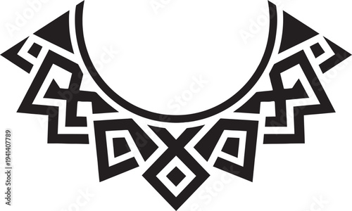 Traditional ethnic geometric necklace embroidery design with black tribal patterns for clothing decoration.