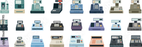 Collection of cash register machines and POS systems for retail stores, checkout counters, cashier payment terminals vector illustration set