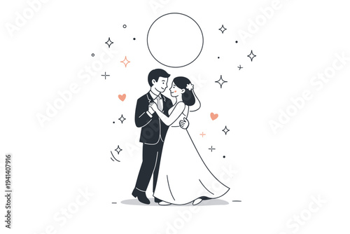First dance under the night sky. Newlyweds dancing beneath large simple moon and scattered stars, gentle smiles and calm embrace. Minimal decorative sparkles