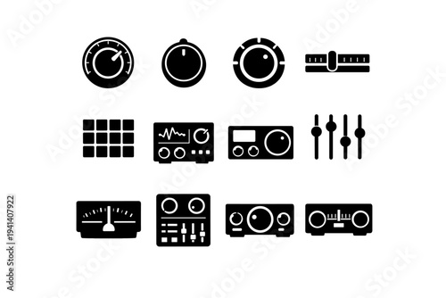 Radio Interface. Solid icon set of Radio Interface: circular dial UI, interactive knob, control ring, frequency selector, interface grid, dashboard display,