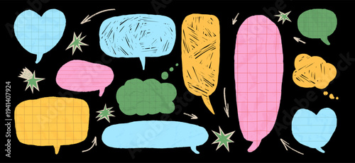 Chalk drawn and crumpled paper dialogue balloons. Speech bubbles with chalk texture and math, ruled cutout stickers. Comic bubbles in playful colors. Cute doodle frames for message. Vector chat set.