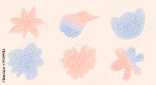 Grainy flowers gradient shapes. Gentle florals set with soft blur noisy texture in pastel colors. Organic sand trendy icons for y2k design. Vector grain wildflowers figures on beige background.