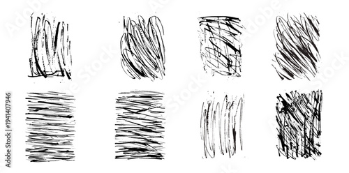 Ink brush stroke grunge backgrounds set. Rough patterns wall urban street posters textures. Abstract scribble crosshatch rectangle swatches. Backdrop paint lines, rough splash. Vector gritty bg.