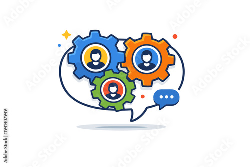 Team collaboration efficiency interconnected gears forming a speech bubble with small profile icons inside, expressing synchronized effort and shared goals. A