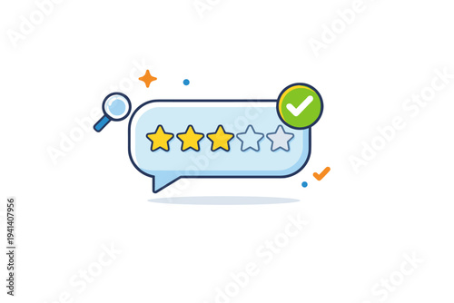 User reviews trust signal represented by star ratings emerging from a message bubble expressing social proof transparency and informed decisions. The tone is