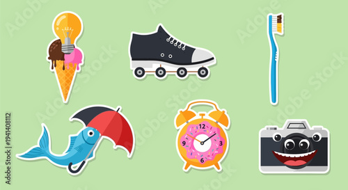 Colorful stickers of everyday objects and whimsical items on green background for april fool's day