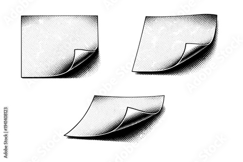 Sticky notes ? curled corner sticky note. A realistic sticky note with a curled corner displayed as one consistent object in three different views,