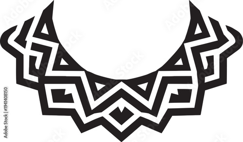 Intricate black and white tribal necklace ornament design for textile printing and fashion neckline.