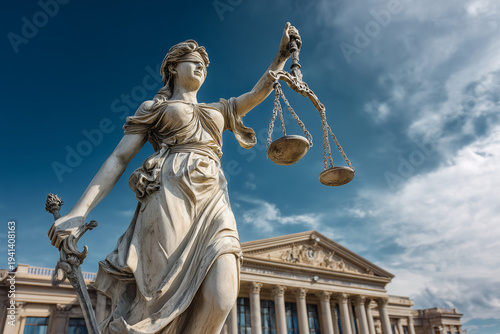 large stone statue of lady justice standing outside a courthouse building with blue sky and government architecture in background