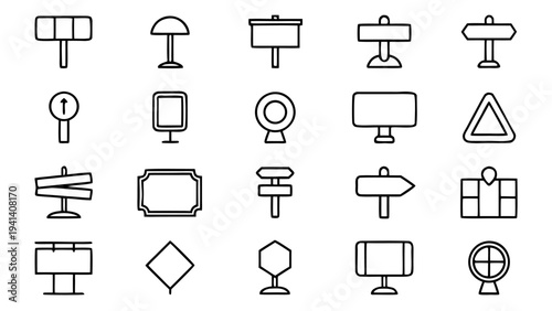 Thirty diverse white line signage and directional icons including notice boards and arrow symbols arranged in a neat grid pattern on a black background.