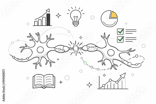 Synaptic Connections and Learning Process. Two simplified neurons reaching toward each other, sparks forming between them as tiny glowing dots travel along