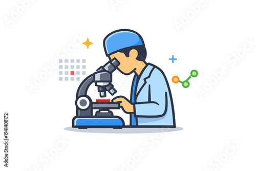 Laboratory technician microscope focused on scientific analysis, illustrated by a microscope paired with small data dots and grid accents suggesting careful