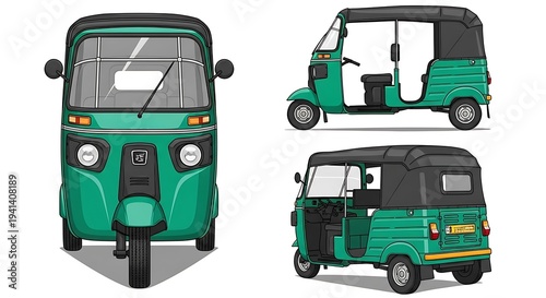Three quarter view of green auto rickshaw illustration