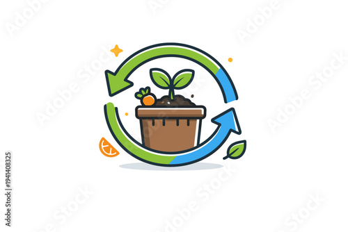 Local composting network a compost bin transforming food scraps into a small green sprout, supported by circular arrows that express natural recycling. A clear