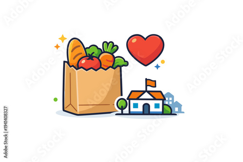 Food donation program a grocery bag filled with fresh produce placed beside a heart icon and a small community building silhouette, representing organized