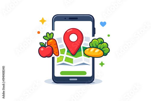 Digital platform for food redistribution a smartphone screen displaying a map pin and fresh produce icons, symbolizing quick connection between donors and