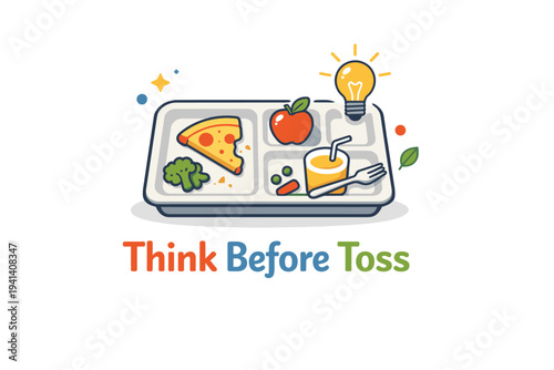 School awareness campaign on food waste a lunch tray with minimal leftovers paired with a small lightbulb icon and the short phrase Think Before Toss. A clean