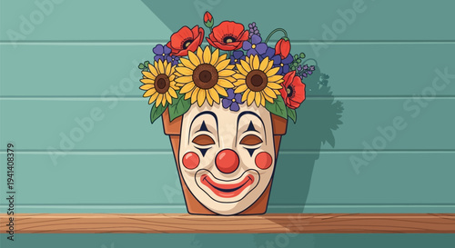 Colorful clown face planter with vibrant flowers on a shelf against a green wall
