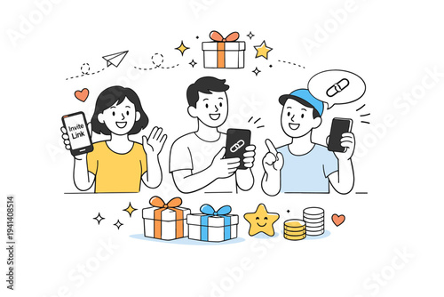 Referral and loyalty program. Happy subscribers sharing invitation links from their phones, small gift and star icons symbolizing rewards and appreciation.