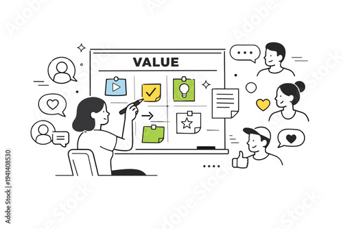 Content marketing for subscribers. A creator planning posts on a board labeled ?Value? while audience icons interact through small speech bubbles and likes.