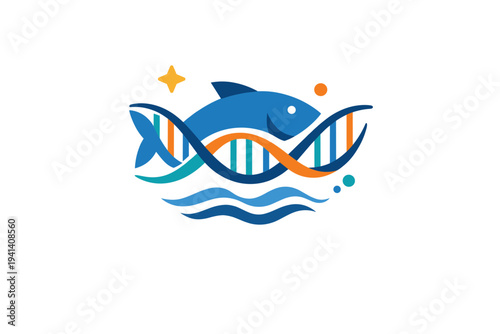 Marine biodiversity genetics a simple fish silhouette intertwined with a flowing DNA ribbon and small wave elements, symbolizing protection of ocean species
