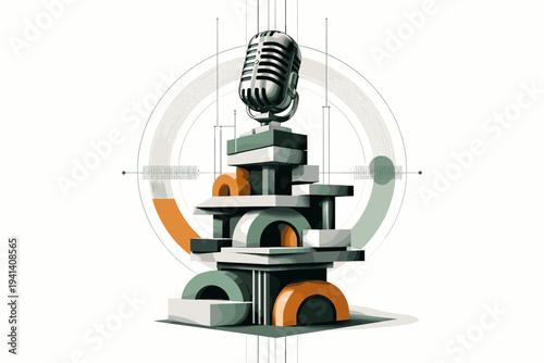 Black and white retro microphone transformed into a surreal stacked structure of abstract blocks and arcs, intersected by vertical lines and circular frames