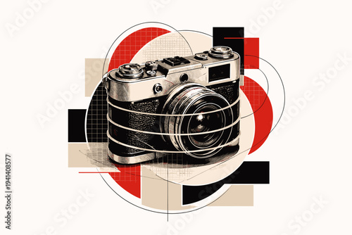 Black and white vintage camera merged with a geometric cylinder and sliced by thin grid lines, layered paper collage look with overlapping circular frames and