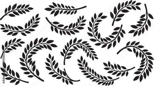 Black Laurel Leaves Silhouette Pattern on White Background Design