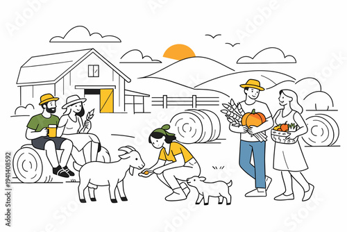 Farm Stay and Rural Lifestyle. Guests relaxing near a minimalist barn, feeding animals and enjoying a peaceful harvest moment. Abstract hay bales and gentle