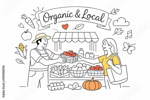 Local Farm Market Experience. A small open-air stand with fresh produce neatly arranged, a farmer handing goods to a smiling visitor. Handwritten sign ?Organic